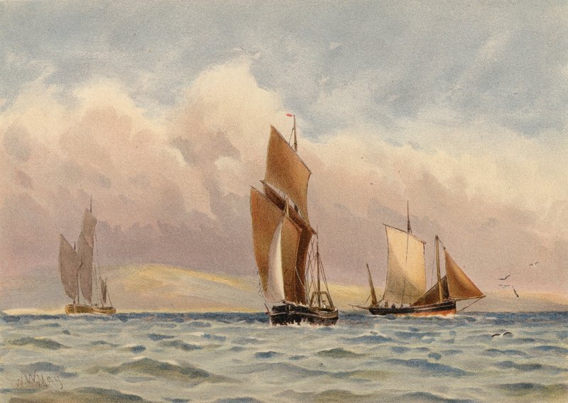 Boulogne Luggers u wybrzeży Francji (kolorowa litografia) autorstwa Walter William May