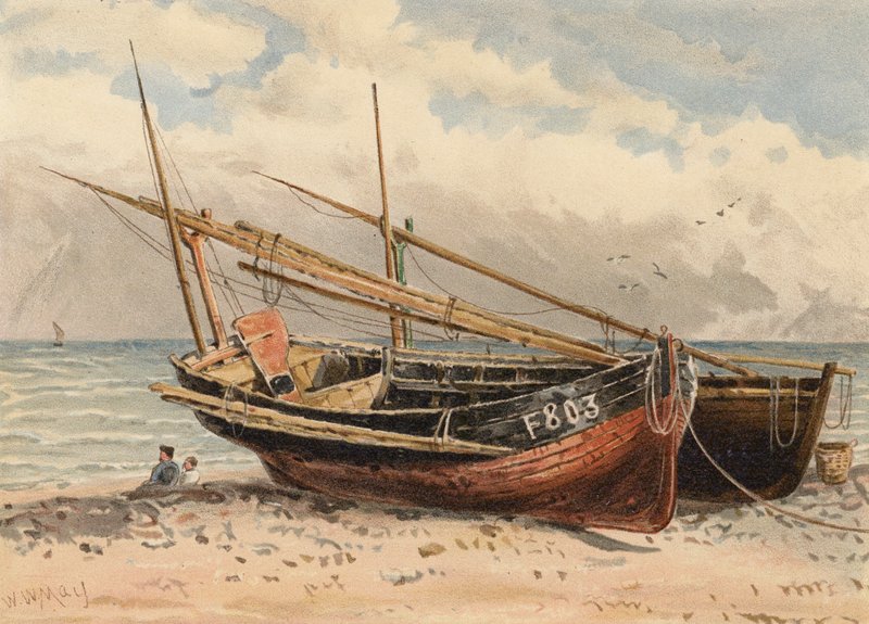 Francuskie łodzie rybackie, "Etretat" (kolorowa litografia) autorstwa Walter William May