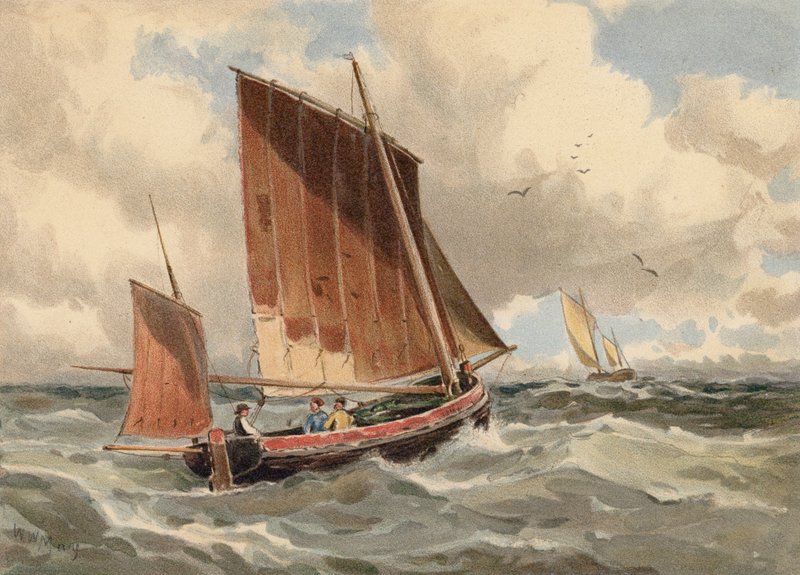 Francuski lugger stojący na morzu (kolorowa litografia) autorstwa Walter William May