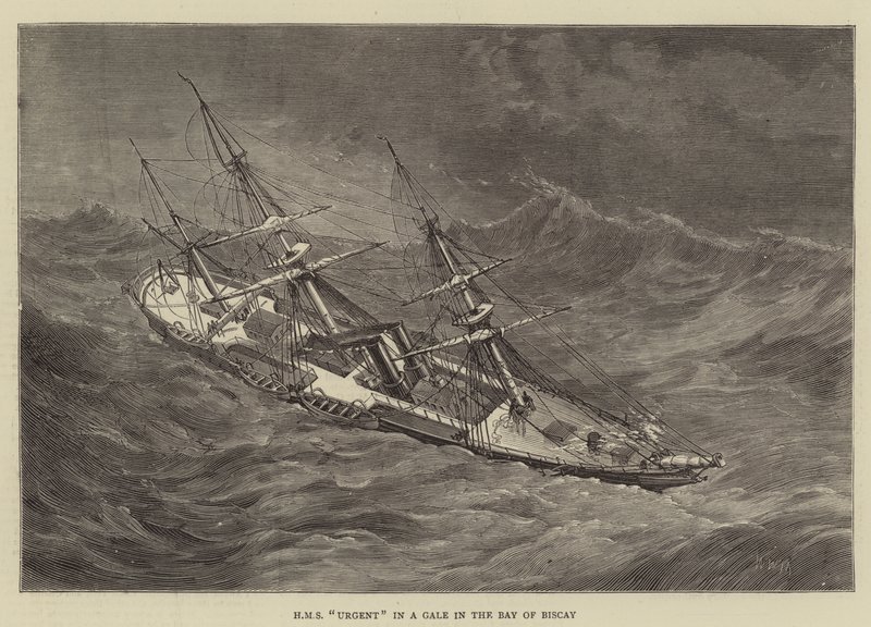 HMS Pilny podczas wichury w Zatoce Biskajskiej autorstwa Walter William May