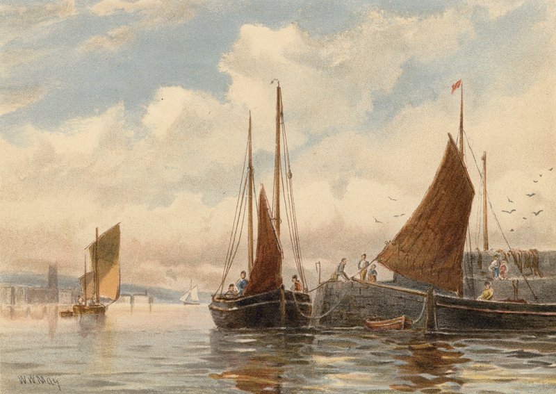 Penzance Luggers w Newlyn (kolorowa litografia) autorstwa Walter William May