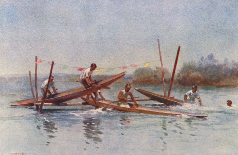 Nowa Zelandia: Wyścig z przeszkodami kajakowymi (kolorowa litografia) autorstwa Walter Wright