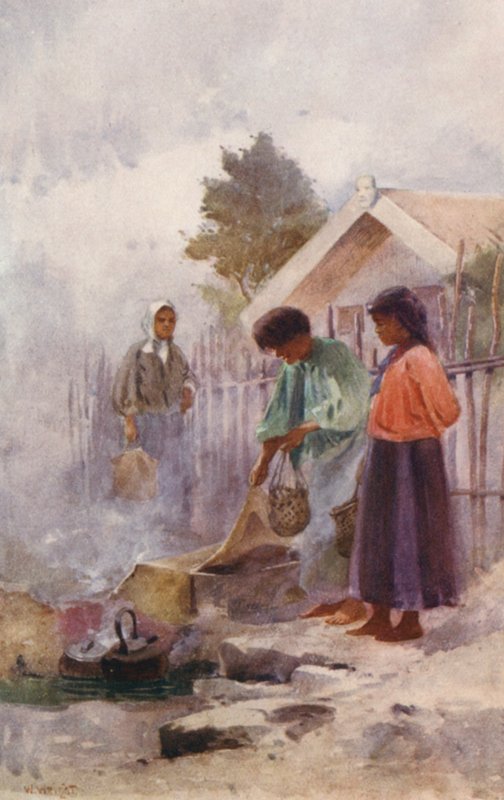 Nowa Zelandia: Gotowanie w gorącym źródle (kolorowa litografia) autorstwa Walter Wright