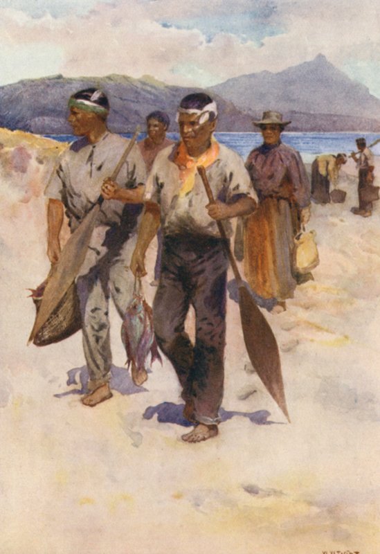 Nowa Zelandia: Maoryska impreza rybacka (kolorowa litografia) autorstwa Walter Wright