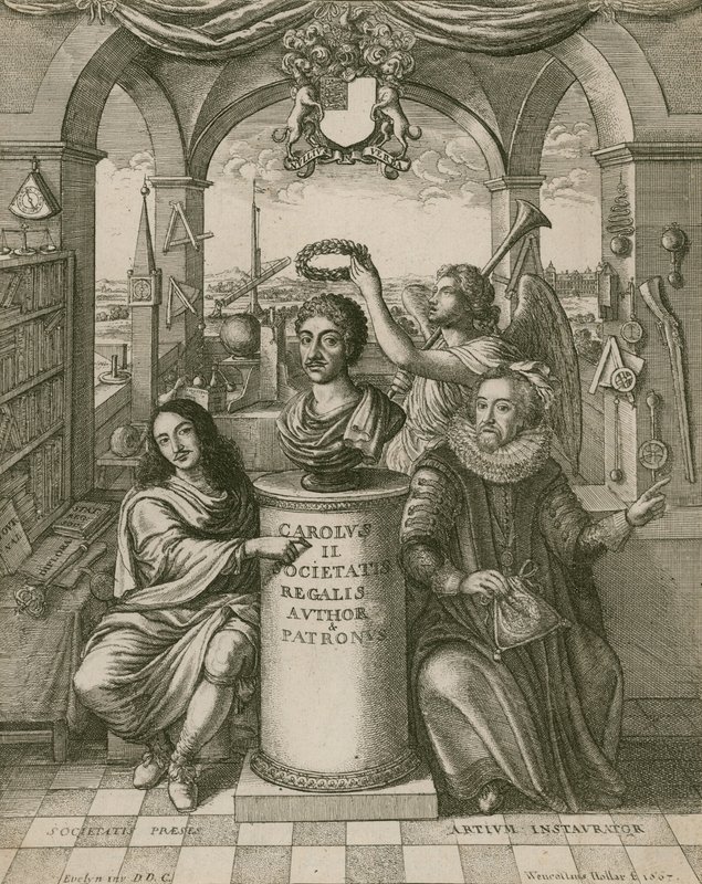 Popiersie Karola II z Lordem Brounckerem (po lewej), pierwszym prezesem Towarzystwa Królewskiego i Francisem Baconem (po prawej) autorstwa Wenceslaus Hollar