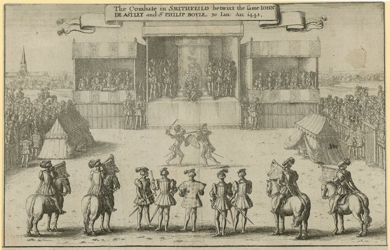 Walka w Smithfield między tym samym Johnem de Astley i Sir Philipem Boyle autorstwa Wenceslaus Hollar