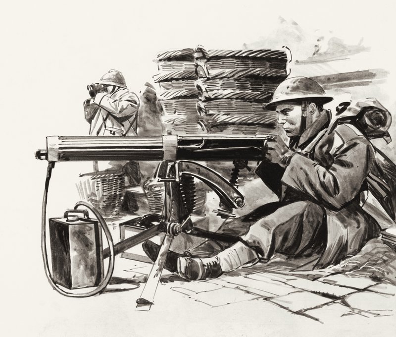 Brytyjski strzelec maszynowy czekający na Niemców pod Dunkierką (gwasz na papierze) autorstwa Wilf (20th century) Hardy
