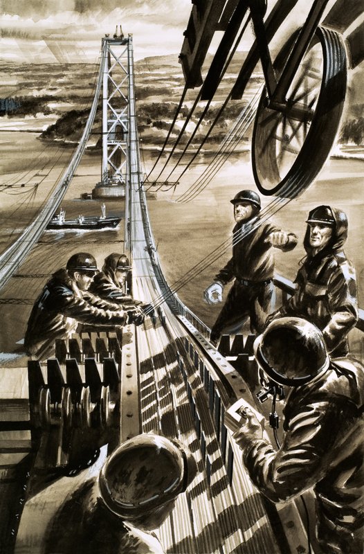 Budowa mostu przez zatokę Firth of Forth (gwasz na papierze) autorstwa Wilf (20th century) Hardy