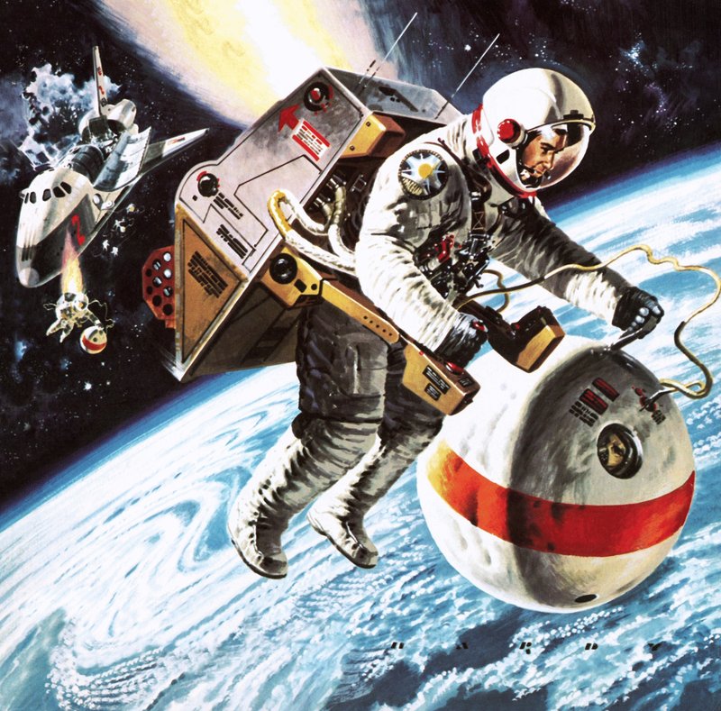 "Łodzie ratunkowe" w kosmosie według wyobrażeń z 1976 r. autorstwa Wilf (20th century) Hardy