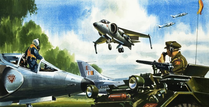 Spójrz - brak pasa startowego. Najnowsze osiągnięcia w dziedzinie samolotów. Harrier Jump Jet autorstwa Wilf (20th century) Hardy