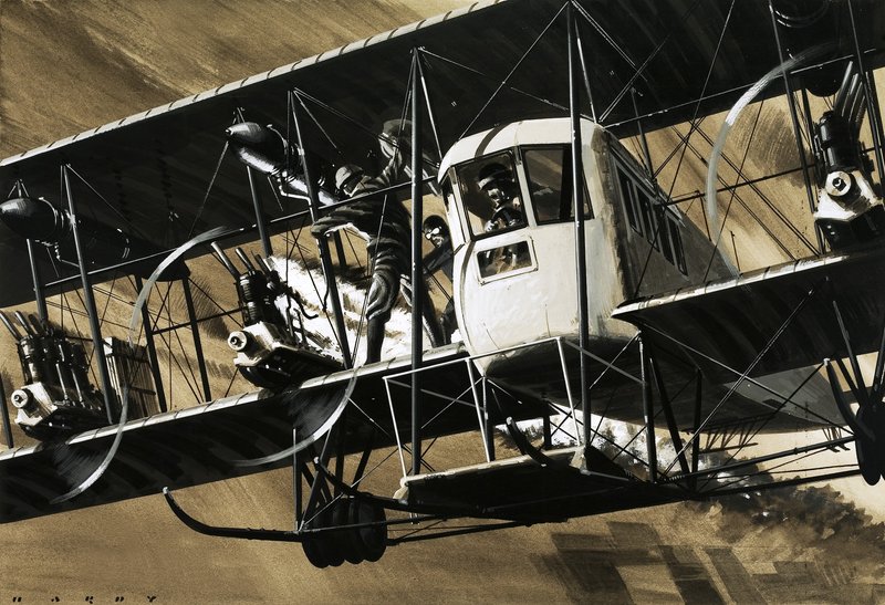 Dwóch członków załogi wśród drutów i rozpórek bombowca Ilia Mourometz II gasi pożar silnika. autorstwa Wilf (20th century) Hardy