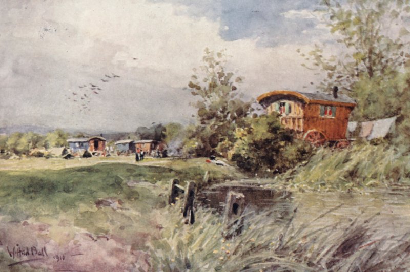 Cygańskie obozowisko (kolorowa litografia) autorstwa Wilfrid Williams Ball