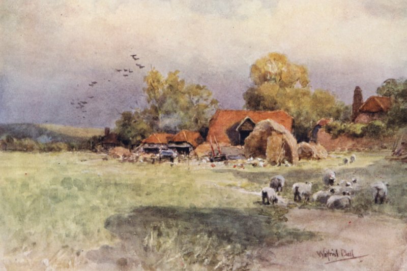 Na Sutton Manor, Home Farm (kolorowa litografia) autorstwa Wilfrid Williams Ball