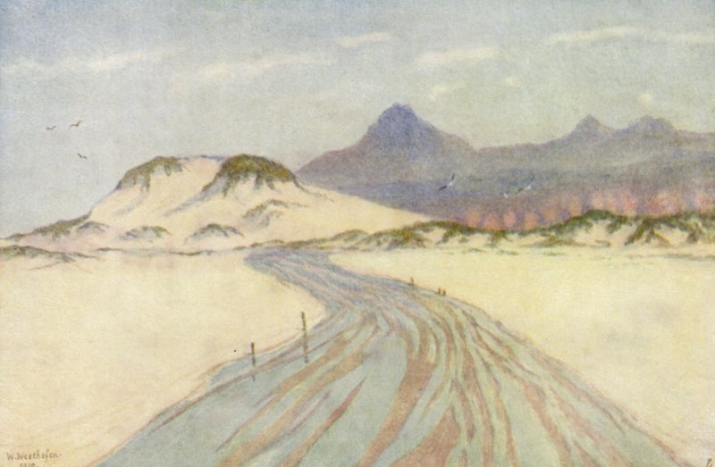 Na plaży Fish Hoek, góry Nord Hoek w oddali (kolorowa litografia) autorstwa Wilhelm Westhofen