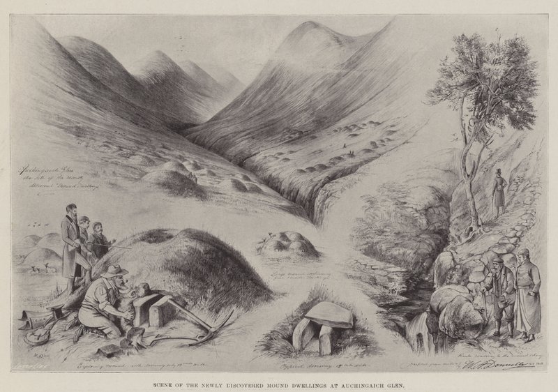 Scena nowo odkrytych kopców w Auchingaich Glen autorstwa William A. Donnelly