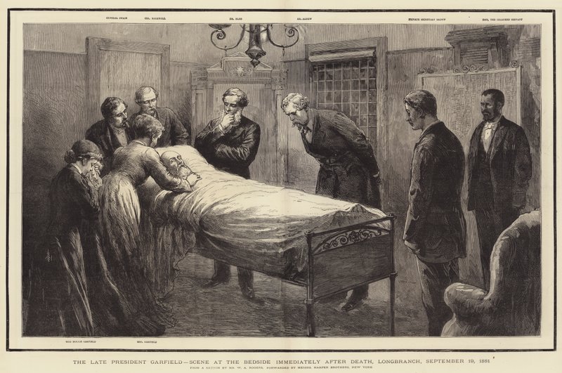 Nieżyjący już prezydent Garfield, Scena z boku natychmiast po śmierci, Longbranch, 19 września 1881 autorstwa William Allen Rogers