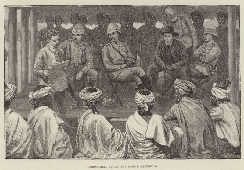 Durbar, który odbył się podczas Ekspedycji Looshai autorstwa William Barnes Wollen