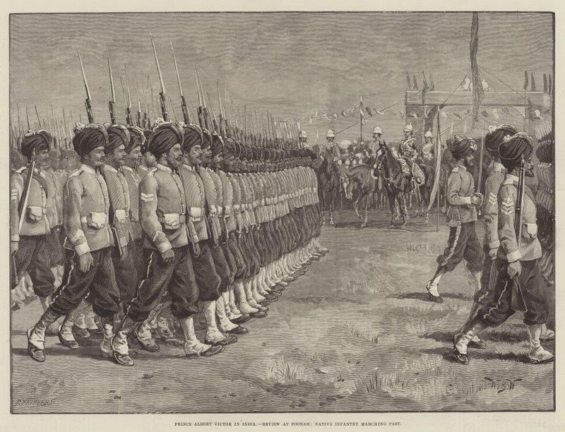 Książę Albert Victor w Indiach, Recenzja w Poonah, maszerująca obok Native Infantry autorstwa William Barnes Wollen