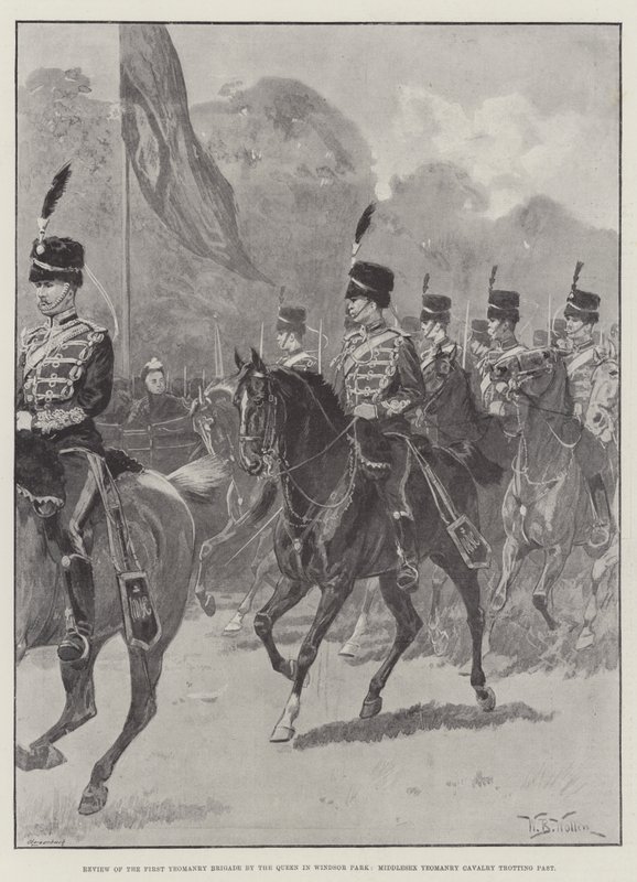 Przegląd Pierwszej Brygady Yeomanry dokonany przez królową w Windsor Park, kawaleria Middlesex Yeomanry kłusuje obok autorstwa William Barnes Wollen
