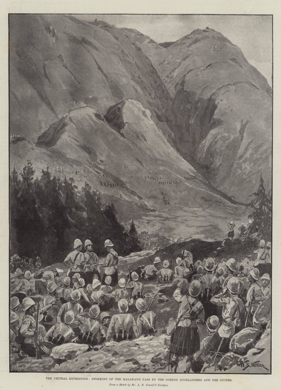 Ekspedycja Chitral, szturm na przełęcz Malakand przez Gordon Highlanders i przewodników autorstwa William Barnes Wollen