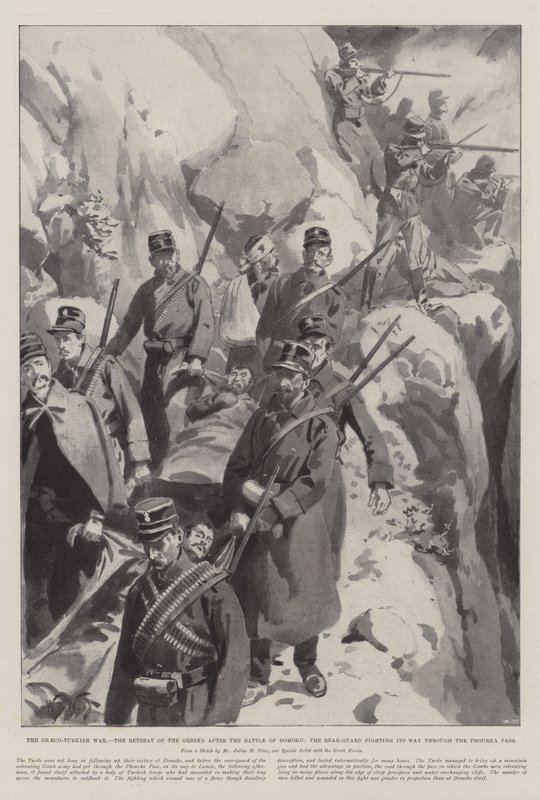 Wojna grecko-turecka, Odwrót Greków po bitwie pod Domoko, Tylna Gwardia przebijająca się przez Przełęcz Phourka autorstwa William Barnes Wollen
