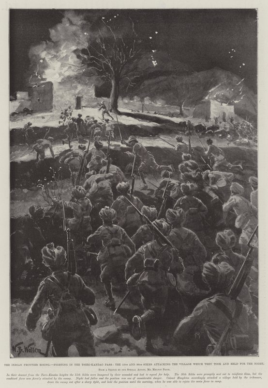 Indian Frontier Rising, walki w przełęczy Tseri-Kandao, 15 i 36 Sikhowie atakujący wioskę, którą zajęli i trzymali na noc autorstwa William Barnes Wollen