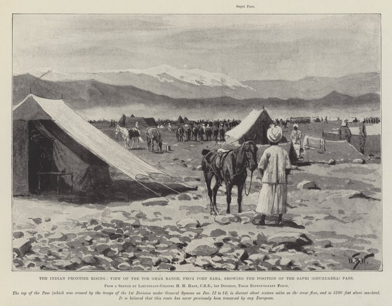 Indian Frontier Rising, widok na pasmo Tor Ghar, z Fort Bara, ukazujący pozycję przełęczy Sapri (Ghuzdarra) autorstwa William Barnes Wollen