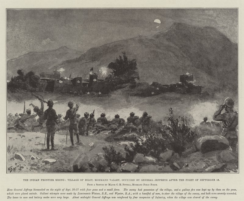 Indian Frontier Rising, wieś Bilot, dolina Mohmand, zajęta przez generała Jeffreysa po walce 16 września autorstwa William Barnes Wollen