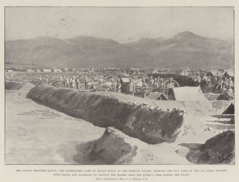 Indian Frontier Rising, Okopany Obóz w Mayat Killa, w Dolinie Mamund, ukazujący park broni 10. baterii polowej z ziemią i workami z piaskiem, aby chronić konie przed ogniem wroga autorstwa William Barnes Wollen