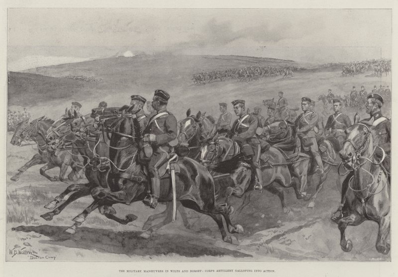 Manewry wojskowe w Wilts i Dorset, artyleria korpusu galopująca do akcji autorstwa William Barnes Wollen