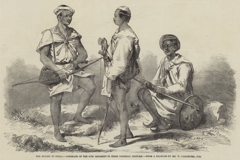 Bunt w Indiach, Goorkahs z 66 Pułku w swoich strojach narodowych autorstwa William Carpenter