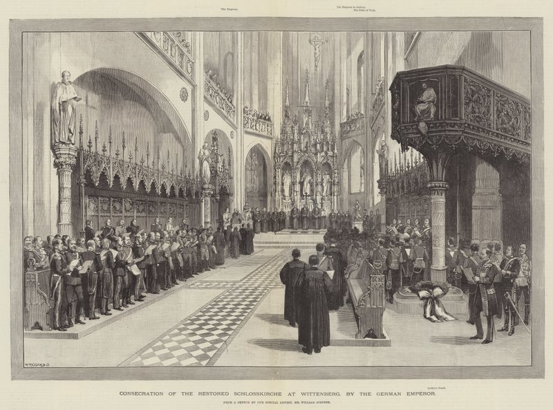 Konsekracja odrestaurowanego kościoła Schlosskirche w Wittenberdze przez cesarza niemieckiego autorstwa William Crimea Simpson