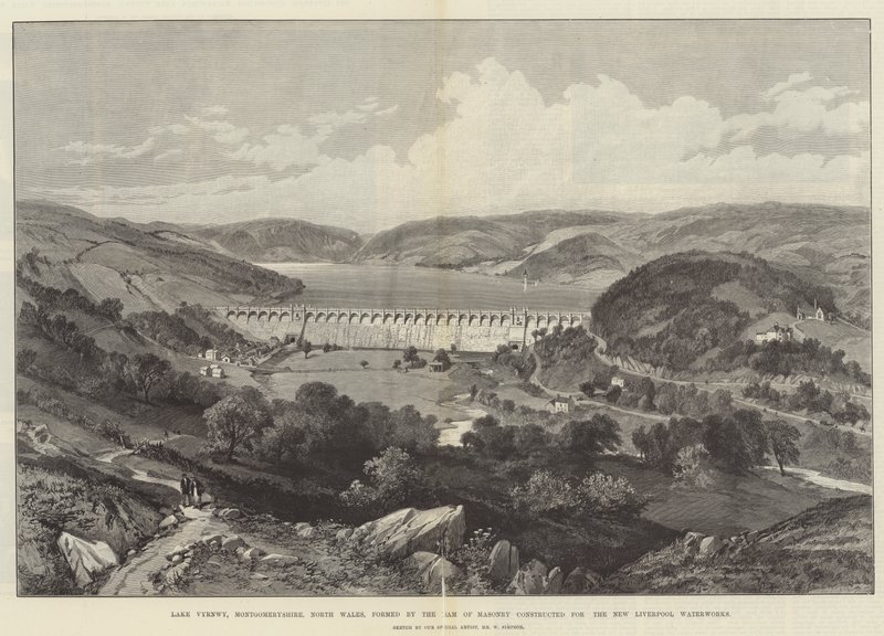 Jezioro Vyrnwy, Montgomeryshire, północna Walia, utworzone przez zaporę murowaną zbudowaną dla New Liverpool Waterworks autorstwa William Crimea Simpson