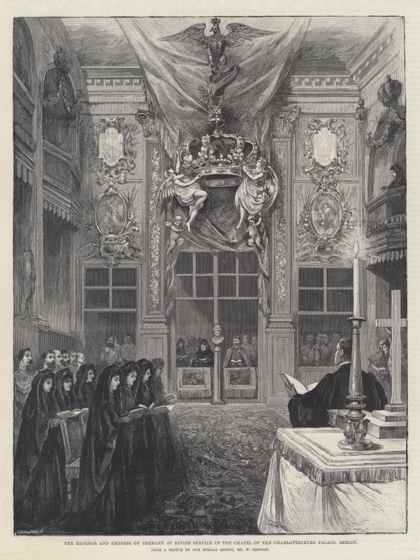 Cesarz i cesarzowa Niemiec na nabożeństwie w kaplicy pałacu Charlottenburg w Berlinie autorstwa William Crimea Simpson