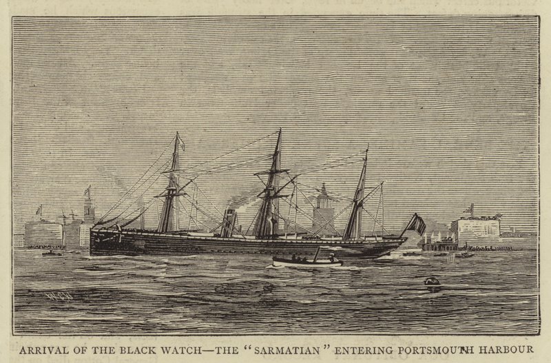 Przybycie Czarnej Straży, Sarmata wkraczającego do Portsmouth Harbor autorstwa William Edward Atkins
