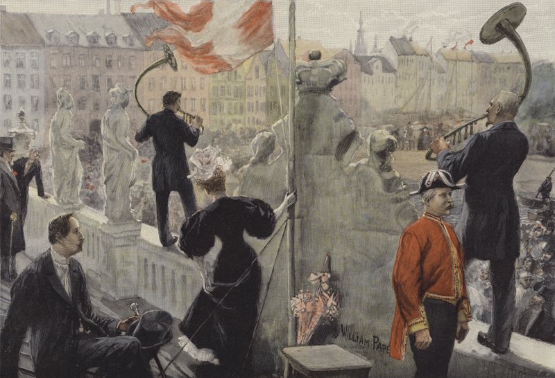 Trębacze na dachu Muzeum Etnograficznego w Kopenhadze w święto przesilenia letniego autorstwa William Friedrich Georg Pape