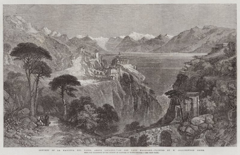 Klasztor La Madonna del Sasso, nad Locarno, nad Lago Maggiore, z wystawy Towarzystwa Malarzy Akwarelowych autorstwa William Harding Collingwood Smith