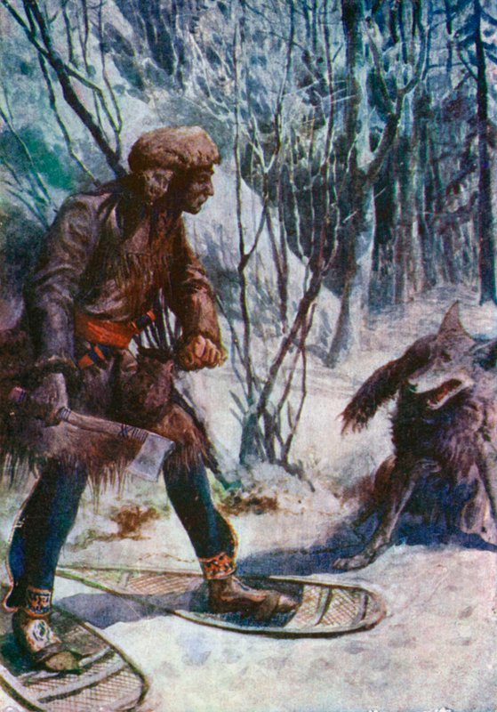 Duży wilk rzuca się w jego stronę, lądując prawie u jego stóp autorstwa William Henry Charles Groome