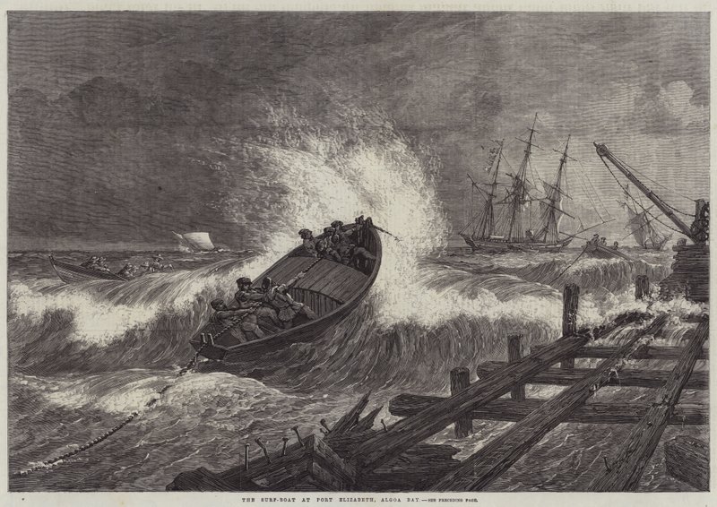 Łódź surfingowa w Port Elizabeth w zatoce Algoa autorstwa William James Linton
