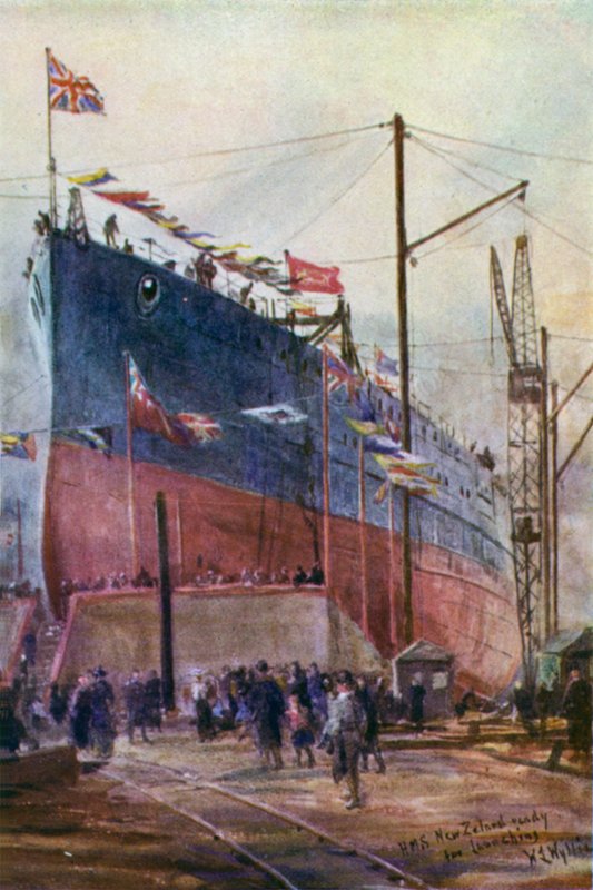 Krążownik bojowy „Nowa Zelandia” na kolbach, 1912 autorstwa William Lionel Wyllie