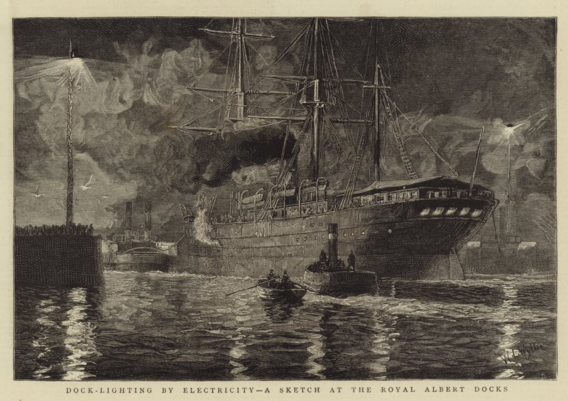 Oświetlenie doków za pomocą elektryczności, szkic w Royal Albert Docks autorstwa William Lionel Wyllie