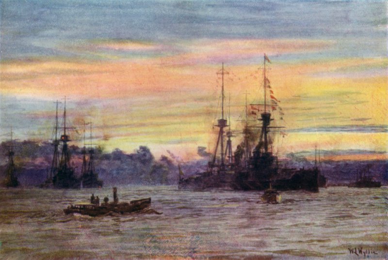 Kotwienie drednotów, 1912 autorstwa William Lionel Wyllie