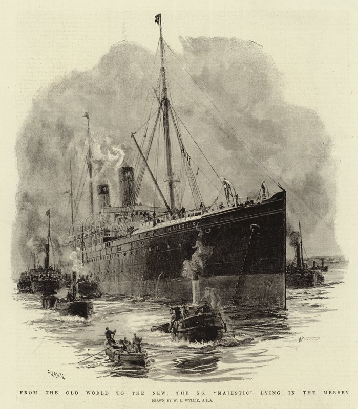 Ze Starego Świata do Nowego, SS Majestic leżący w Mersey autorstwa William Lionel Wyllie