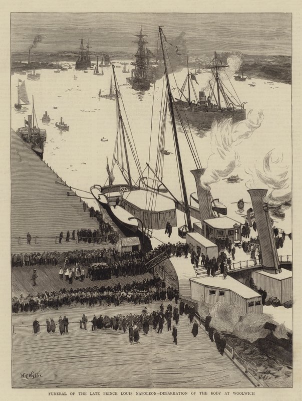 Pogrzeb zmarłego księcia Ludwika Napoleona, odprawienie ciała w Woolwich autorstwa William Lionel Wyllie