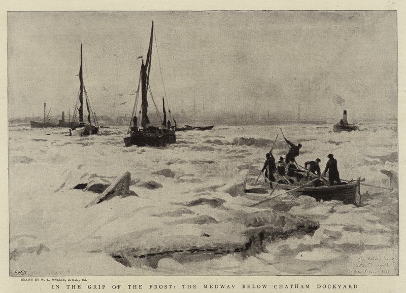 W uścisku mrozu, Medway poniżej Chatham Dockyard autorstwa William Lionel Wyllie