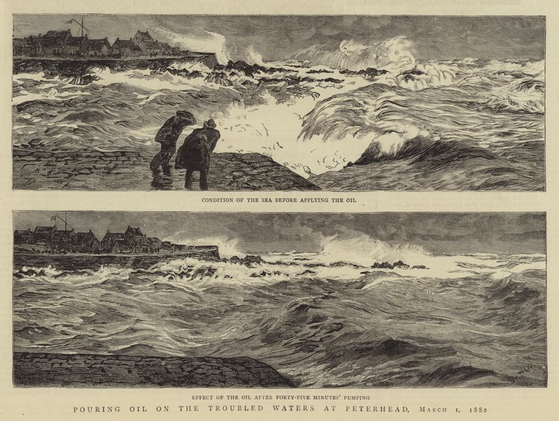 Wylewanie oleju na niespokojne wody w Peterhead, 1 marca 1882 r autorstwa William Lionel Wyllie