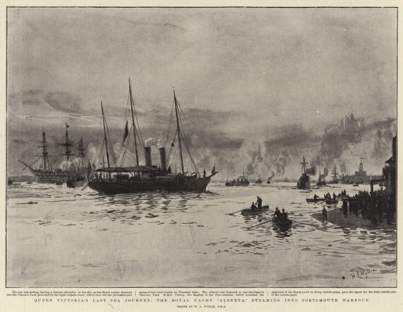 Królowa Wiktorii „Ostatnia podróż morska” — królewski jacht Alberta, który wpada do portu w Portsmouth autorstwa William Lionel Wyllie