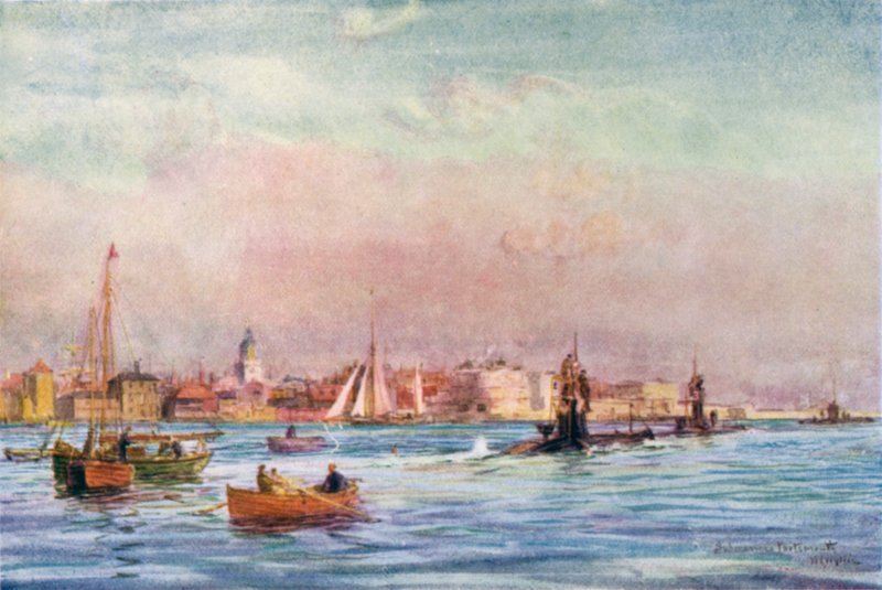 Okręty podwodne opuszczające port w Portsmouth autorstwa William Lionel Wyllie