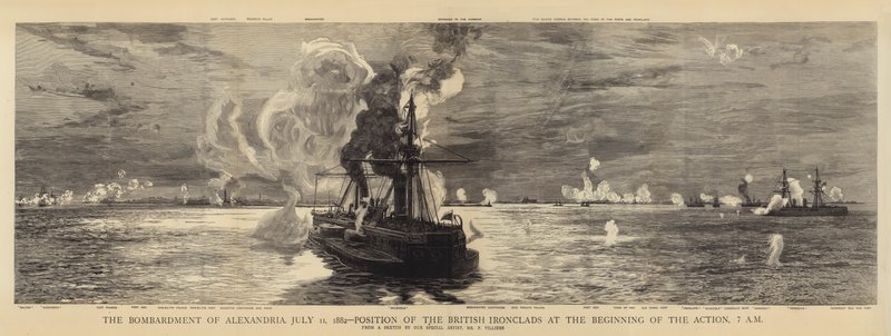 Bombardowanie Aleksandrii, 11 lipca 1882 r., Pozycja brytyjskich pancerników na początku akcji, godz. 7 rano autorstwa William Lionel Wyllie