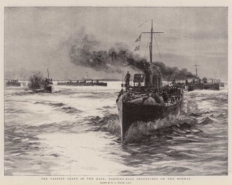 Najszybszy statek w marynarce, niszczyciele łodzi torpedowych na Medway autorstwa William Lionel Wyllie